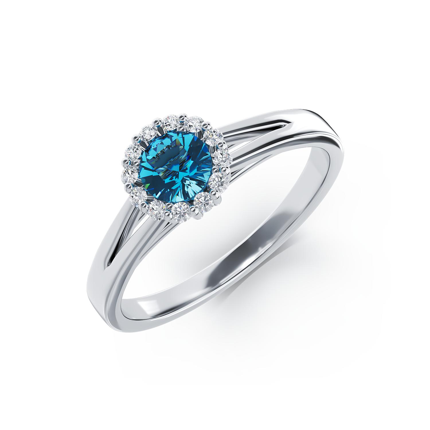 18 k fehér arany eljegyzési gyűrű, kék gyémánt 0,33ct és tiszta gyémánt 0.1ct